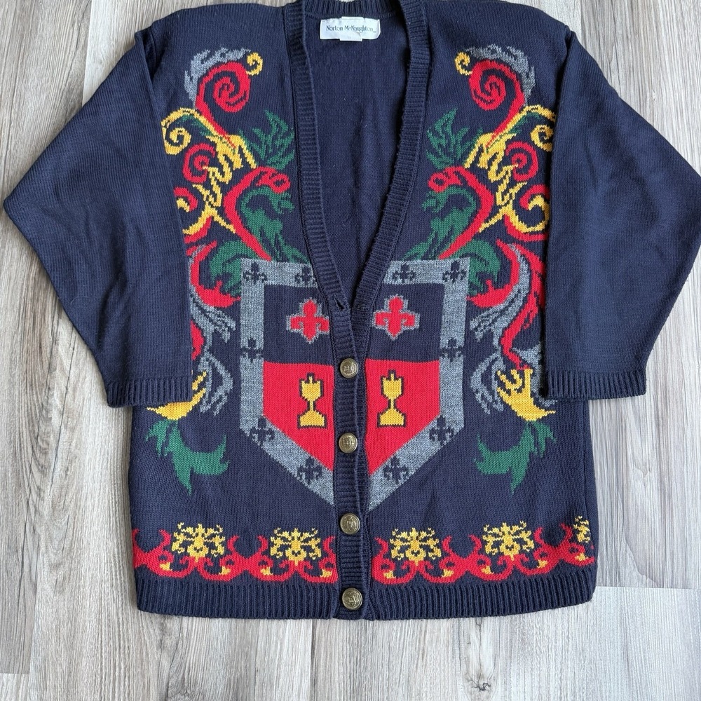Vintage‎ Norton McNaughton Cardigan Sweater Womens Size S Blue Red Knit Crest